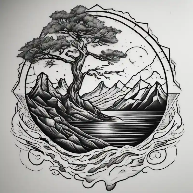 sketch style Ideas de tatuajes de océano en 2025 about tattoo that has an acacia tree with mountains and ocean with a ship wreck and the northern star hello kitty tattoo